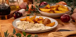 Sertésszűz fokhagymás mártással, tepsiben sült burgonyával