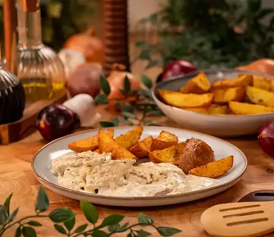 Sertésszűz fokhagymás mártással, tepsiben sült burgonyával